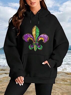 Black Hoodie with Mardi Gras Fleur-de-Lis Graphic